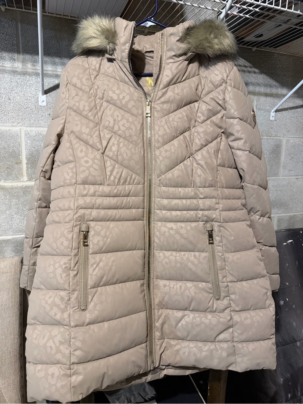 Michael Kors Cheetah Taupe Quilted Puffer Coat with Faux Fur Trim